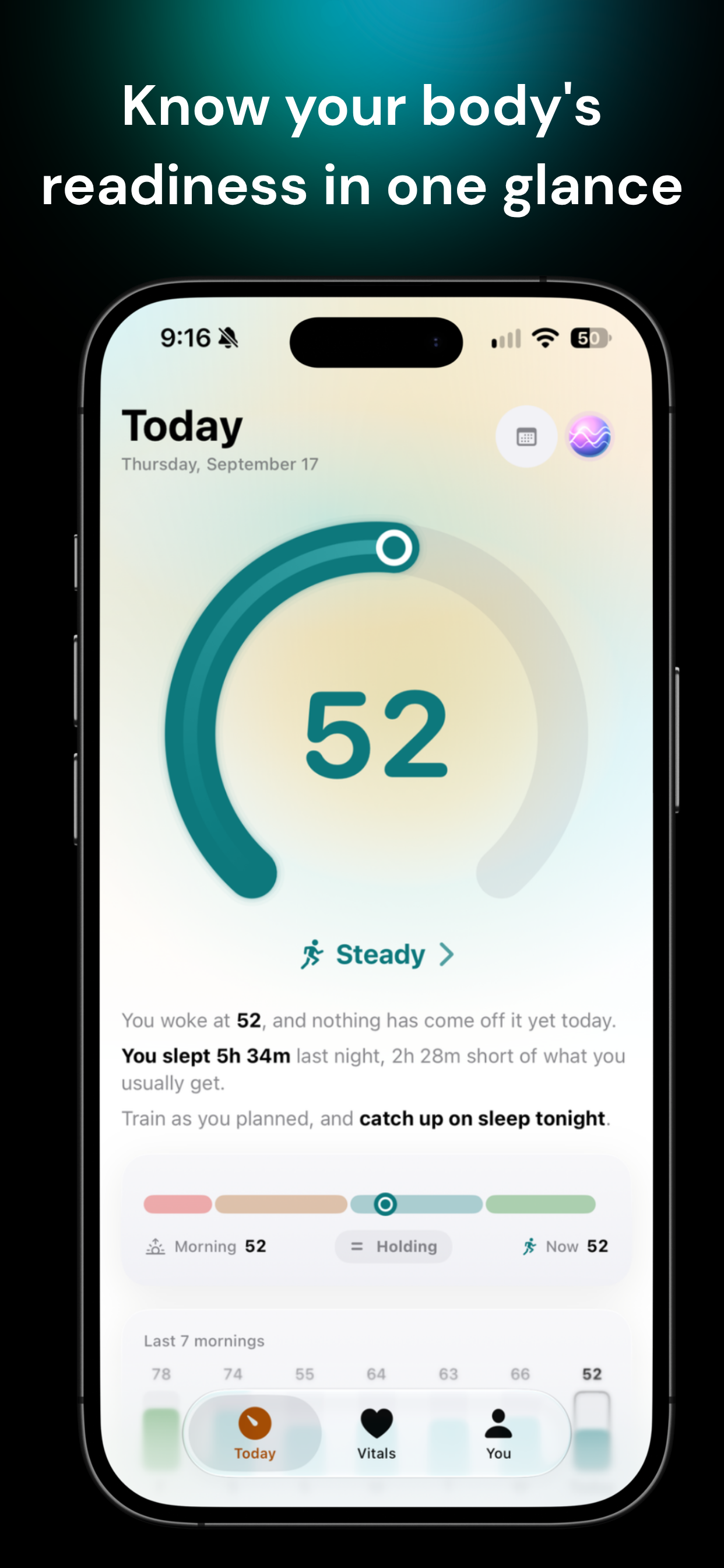 Push Today screen showing a readiness score of 52 in the Steady band