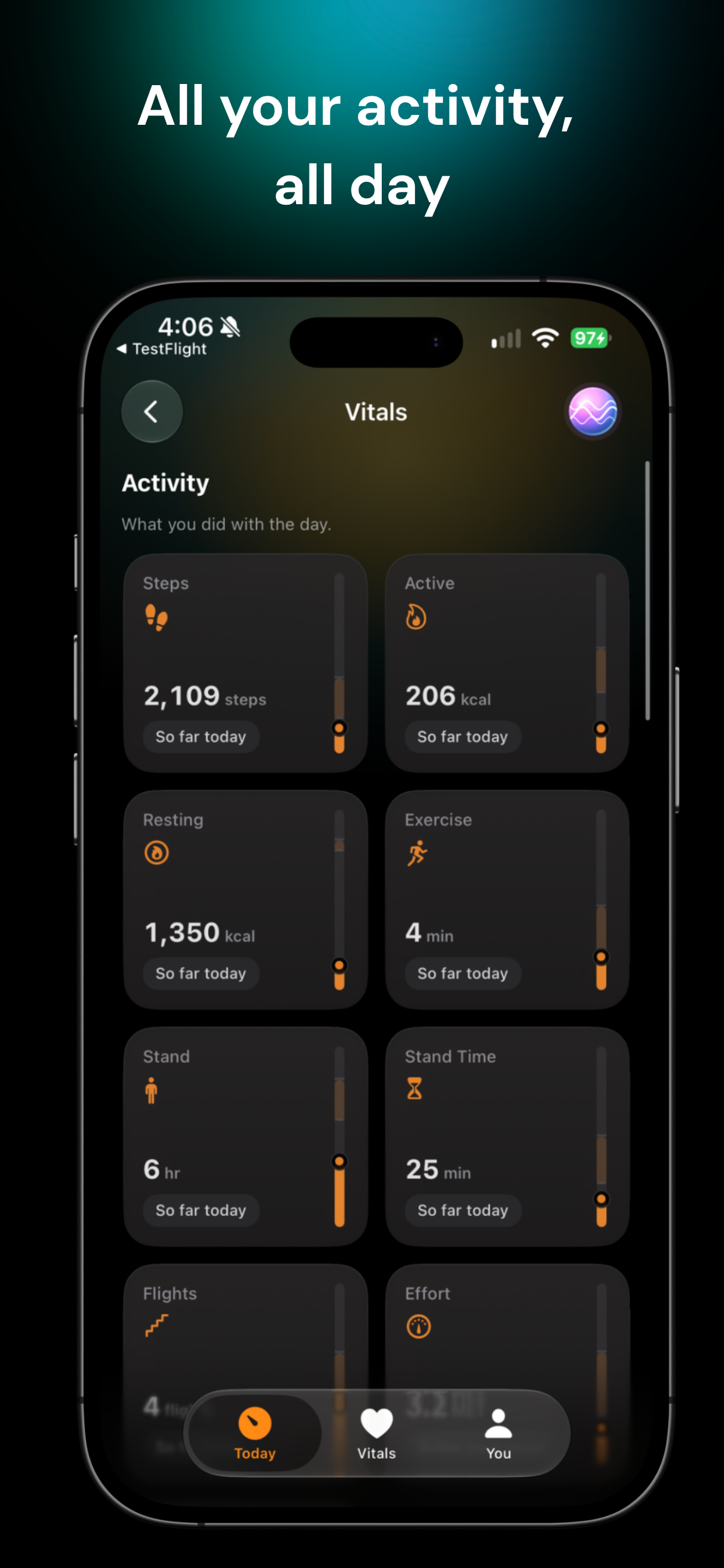 Push Vitals screen showing today's steps, active energy, exercise, and stand time