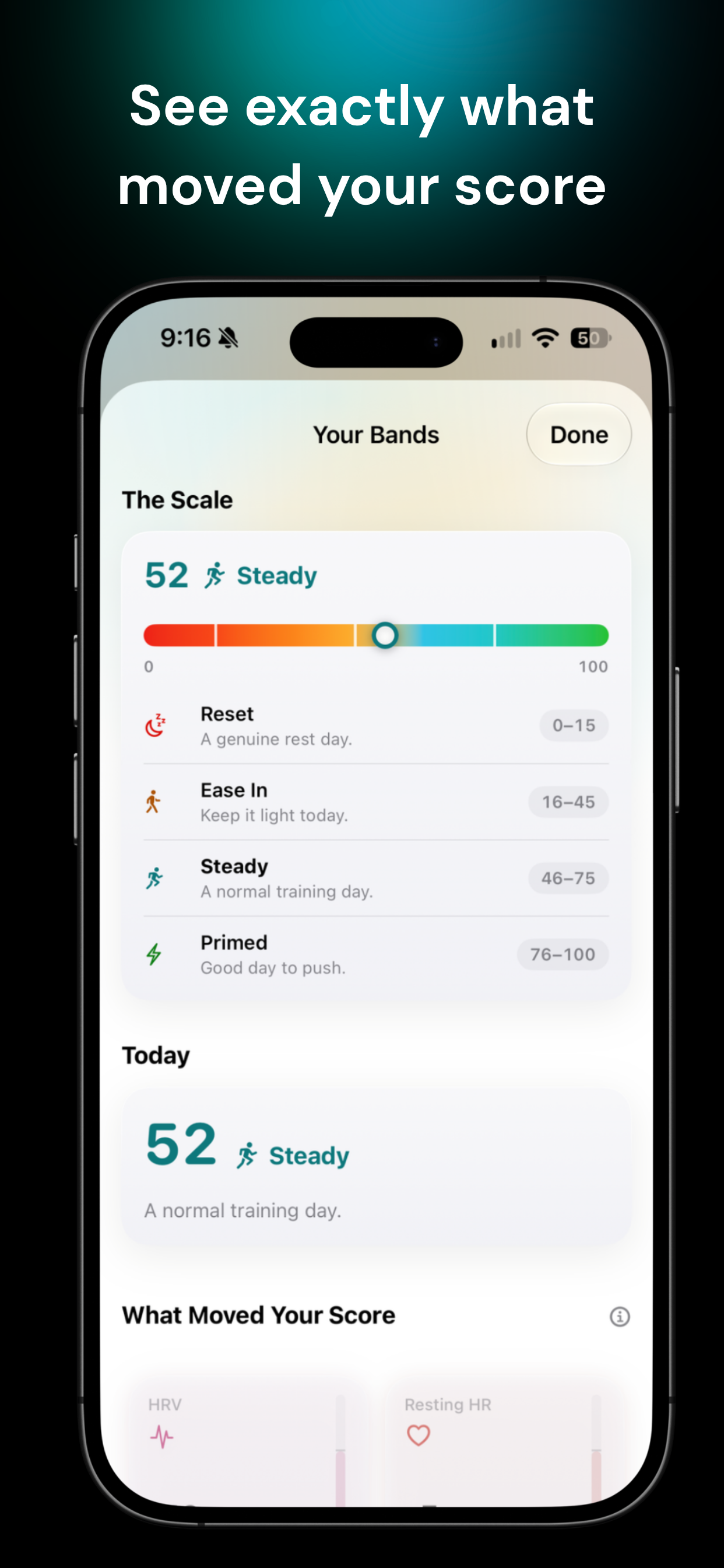 Push Your Bands screen explaining the Reset, Ease In, Steady, and Primed score ranges