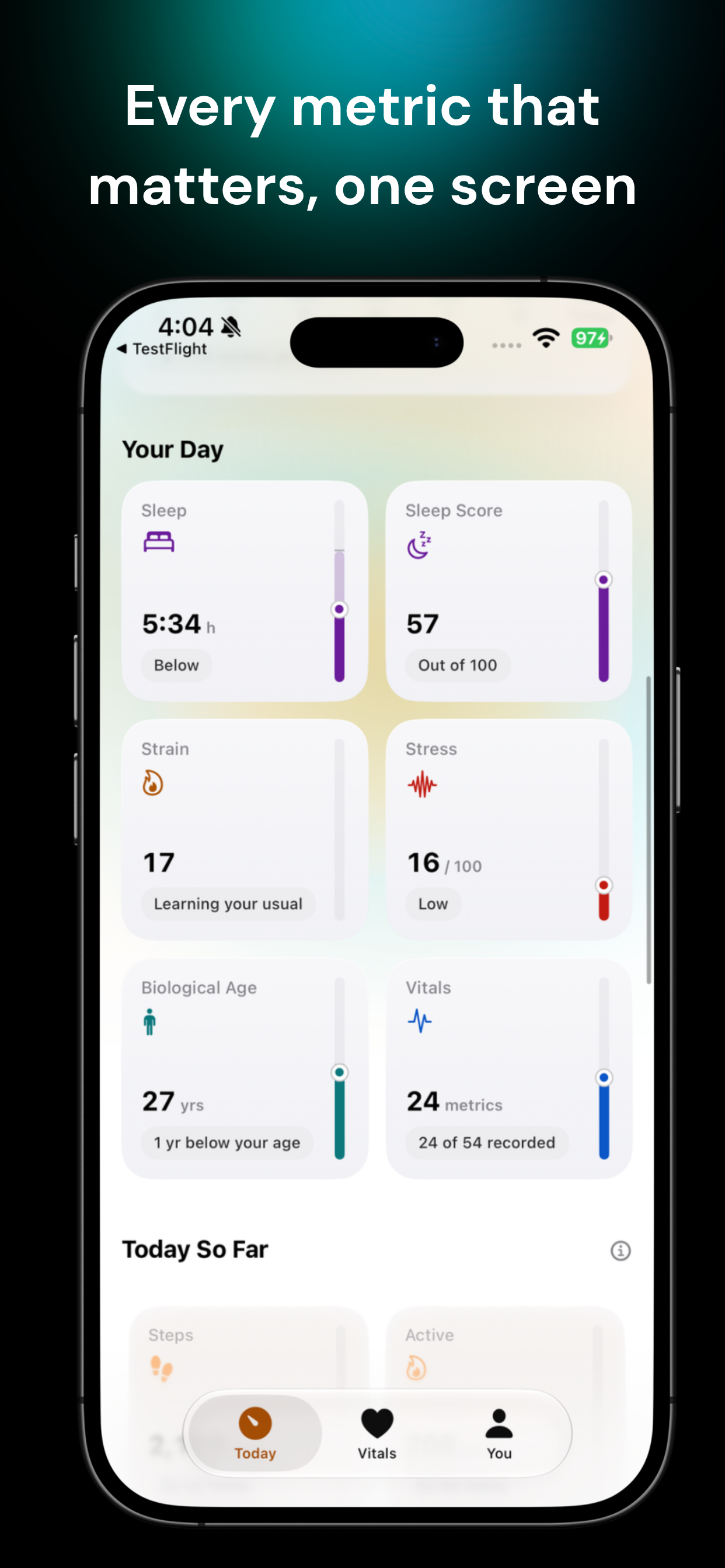 Push Today screen showing sleep, strain, stress, biological age, and vitals in one view